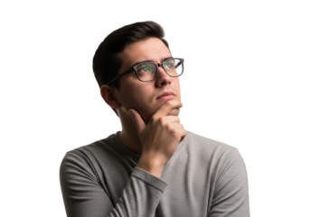 Thoughtful man wearing glasses gazing upward contemplating ideas with hand on chin transparent background