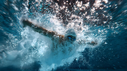 Underwater Swimming Athlete in Motion: Dynamic Freestyle Action Shot at Water Sports Competition