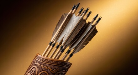 Traditional arrows with feather fletching placed in a decorated leather quiver against a warm background, symbolizing precision, focus, and craftsmanship in archery and ancient hunting culture