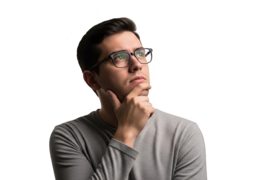 Thoughtful man wearing glasses gazing upward contemplating ideas with hand on chin transparent background