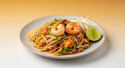 Delicious plate of pad thai noodles with shrimp, lime, peanuts, and bean sprouts served on a gray plate, showcasing authentic Asian cuisine with vibrant colors and appetizing presentation