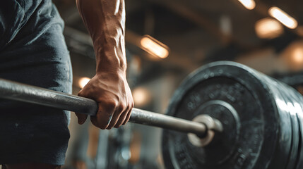 Weightlifting Man Grips Barbell in Strength Training Workout for Bodybuilding and Powerlifting Fitness Performance at Premium Gym with High Intensity