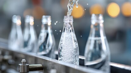 Modern beverage production line with bottled water and sparkling reflections
