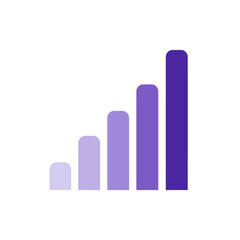 Modern flat design icon of a bar graph with increasing purple columns, symbolizing growth, signal strength, or financial data analysis