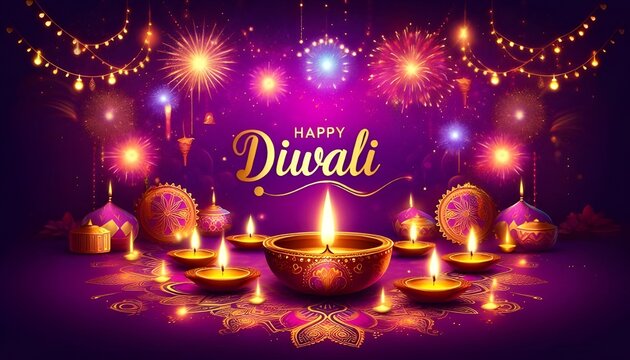Luxury Diwali Greeting Template with Diyas, Fireworks, and Metallic Gold Font on Purple