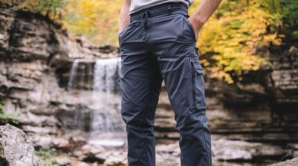Comfortable convertible travel pants ideal for outdoor adventures near a scenic waterfall in autumn