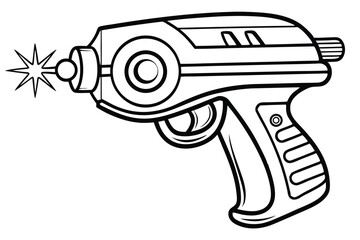 Outlined ray gun firing cosmic energy, features a classic, bold vintage science fiction aesthetic