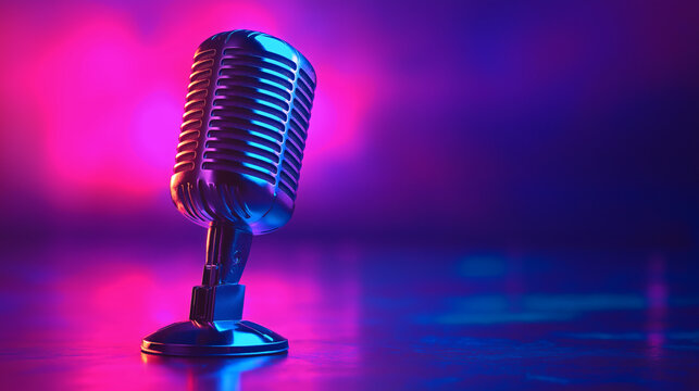 Retro microphone with vibrant neon lights on stage background. Copy space