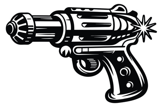 Sleek black raygun silhouette showcases vintage science fiction aesthetic against a clean white backdrop
