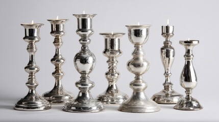 A collection of silver candle holders with lit candles are arranged in a row. The candles are lit and the holders are of various shapes and sizes, creating a visually appealing display