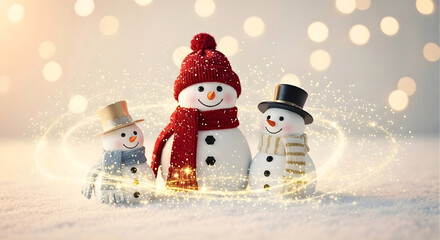 Obraz premium Three snowmen in festive hats and scarves surrounded by golden sparkles on snowy ground for whimsical holiday designs 