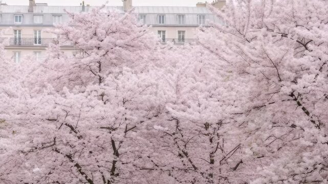 Lush blooming cherry blossom trees in full spring bloom with Parisian apartment building facade