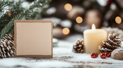 Christmas card mockup with candle, pinecones and festive decorations on snowy wooden table. Copy space