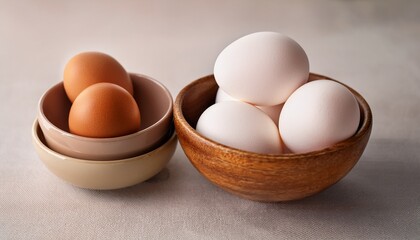 White And Brown Eggs In Ceramic And Wooden Bowls On Neutral Background Rustic Food Composition With Natural Tones For Organic Farm Product Theme