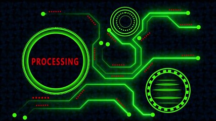 Futuristic Neon Green Circuit Board Interface Processing Display  technology, digital, futuristic, interface, circuit board, neon, green, processing, data, network, connection, 4k video