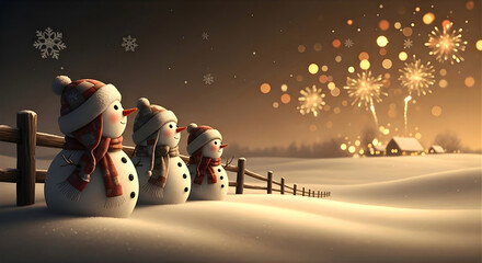 A line of cheerful snowmen near a wooden fence in a snowy, quiet winter field at night with distant fireworks or sparkle lights for joyful New Year