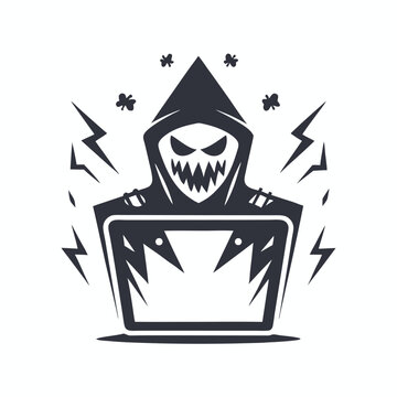 Isolated masked person wearing a hood is using a laptop for nefarious purposes