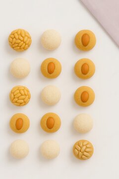 Traditional Catalan panellets with almonds and pine nuts on white background