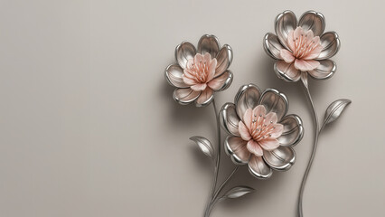 Metal and glass floral sculpture with pink petals and copy space
