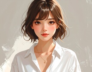 A digital illustration depicts a young woman with a bob haircut and a soft, warm complexion wearing a white button-down shirt