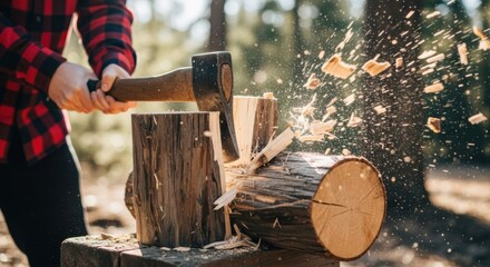Chopping wood in forest setting with axe action and flying wood chips for outdoor adventure and forestry