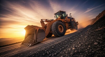 Fototapeta premium Powerful construction scene with bulldozer at sunset in rocky quarry environment