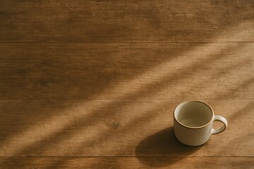 Ceramic coffee cup on wooden table with warm sunlight and copy space