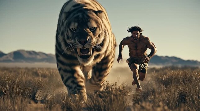 Hyper-realistic animation hunter sprinting across windblown steppe past looming saber toothed predator