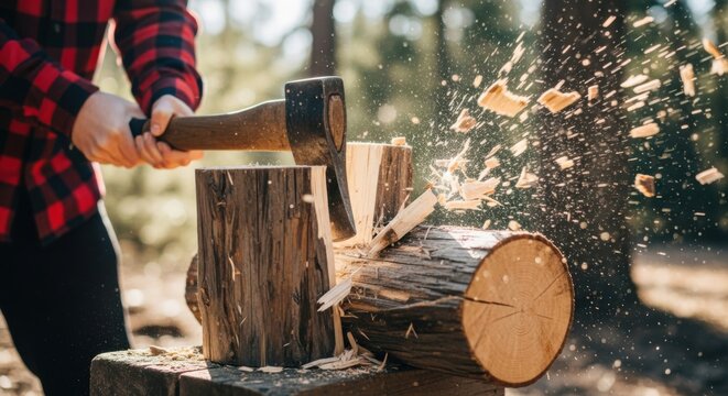Chopping wood in forest setting with axe action and flying wood chips for outdoor adventure and forestry
