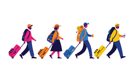 Colorful travelers with luggage on the go, ready for vacation adventures and exciting journeys, perfect for travel blogs and tourism campaigns