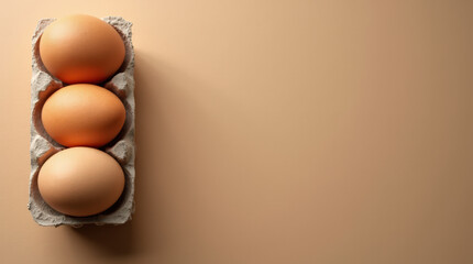 Three brown eggs in a carton on a minimalist beige background  