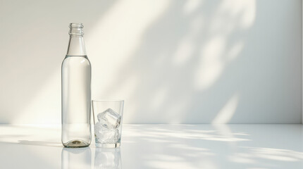 Water bottle with glass and ice cubes on minimalist white background  