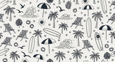 Seamless doodle pattern of tropical beach life. A hand-drawn illustration featuring summer vacation icons like palm trees, surfboards, and deck chairs