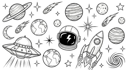 Cosmic adventure doodle collection with planets, stars, rocket ships, and alien UFOs in a black and white line art style