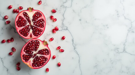 Pomegranate fruit halves with seeds on a marble countertop  