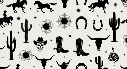 Monochrome seamless pattern showcasing classic Wild West symbols like cowboy boots, longhorn skulls, and desert cacti