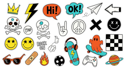 A set of funky hand-drawn doodle stickers representing 90s youth subculture, including skateboards, gaming controllers, and punk rock symbols © John