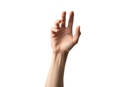 Human hand reaching upwards with fingers extended towards the light transparent background