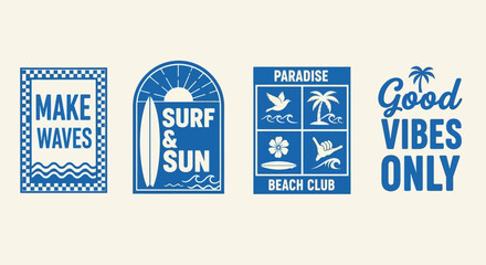 Collection of vintage surf-themed graphic emblems for apparel. Retro beach club and positive vibe logo illustrations with summer motifs