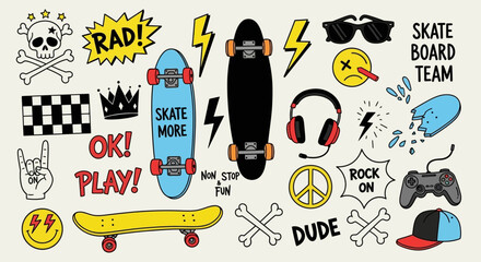 A vibrant collection of hand-drawn skateboarding and youth culture elements, including cool stickers and graffiti-style doodles © John