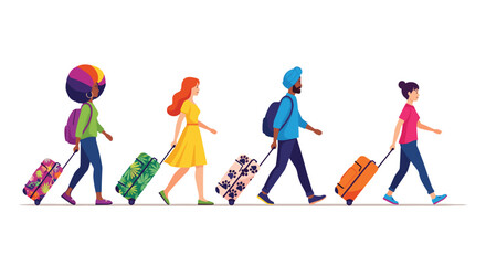 Diverse group of travelers with colorful suitcases walking together ready for their exciting vacation adventures and exploring new cultures worldwide