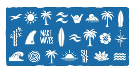 A curated set of rustic surfing and tropical paradise icons. Features ocean waves, palm tree silhouettes, and summer symbols in a vector illustration © John