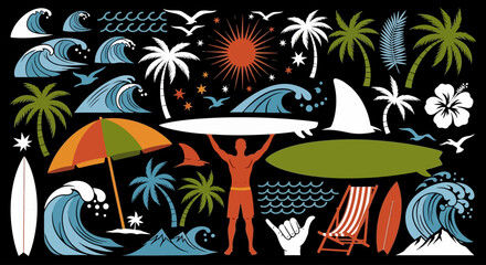 Set of colorful summer surfing icons and beach lifestyle illustrations, including surfer silhouette, ocean waves, and tropical palm trees