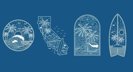 A collection of vintage California surf and beach line art badge illustrations for summer vacation © John
