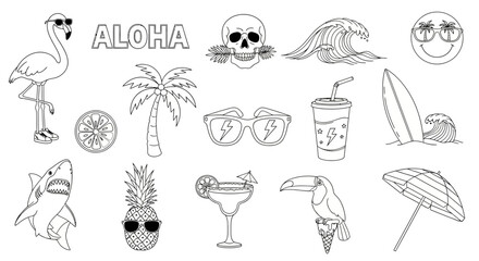 A collection of hand-drawn summer vacation and tropical beach icons in a black and white outline style. Vector set of fun aloha doodles