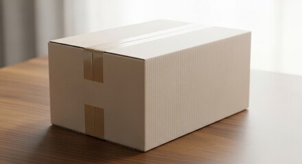 Plain cardboard box placed on wooden table with soft light  