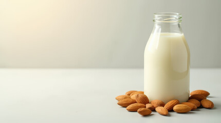Almond milk bottle with almonds on table in softly lit kitchen  