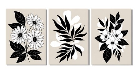Obraz premium Black and white floral illustration triptych
