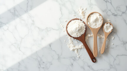 Wooden measuring spoons filled with flour on marble countertop  
