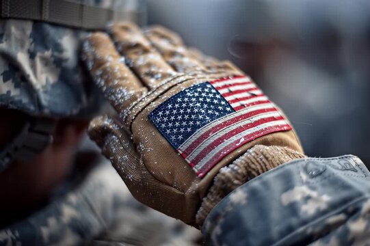 Close-Up of Soldier's Gloved Hand Saluting with American Flag Patch